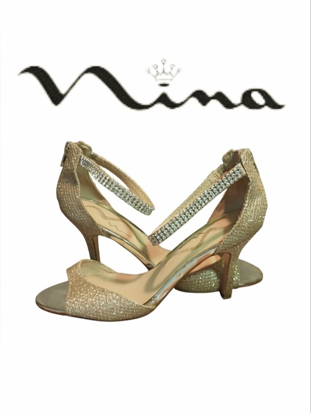 Nina Varetta heels in a soft platino (gold) color, featuring a sparkly finish